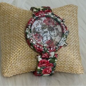 Kensie Floral Accent Watch - Silver, Pink, Green